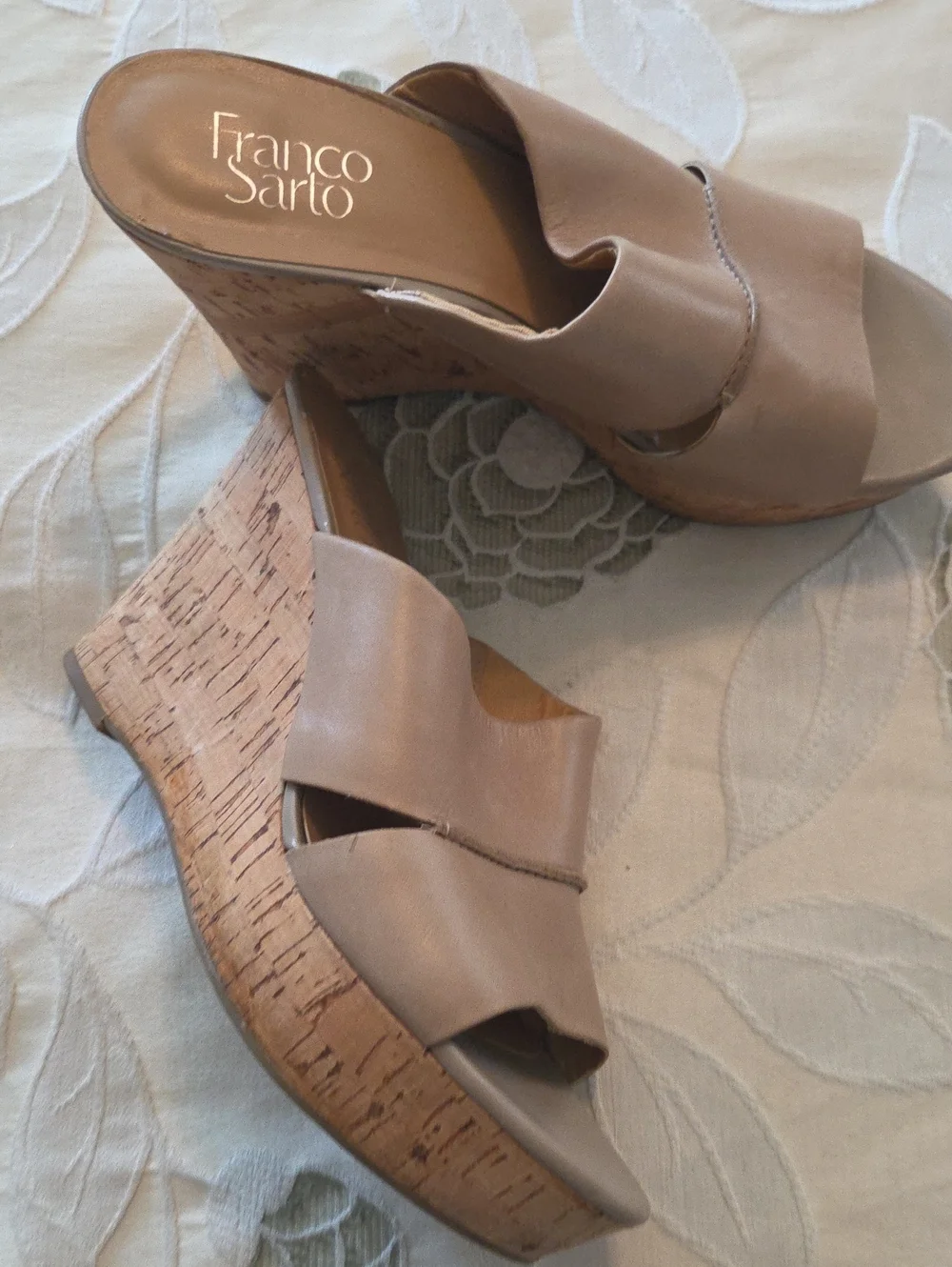 Franco Sarto Nude Leather Cork Wedge Mules